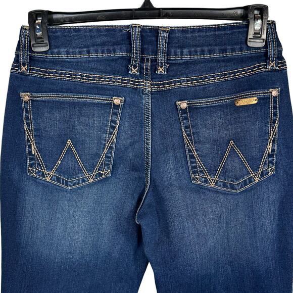 Wrangler SZ 9/10 Bootcut Jeans Mid-Rise Stretch Zip-Fly Whiskered Dark Wash Blue - Picture 5 of 10